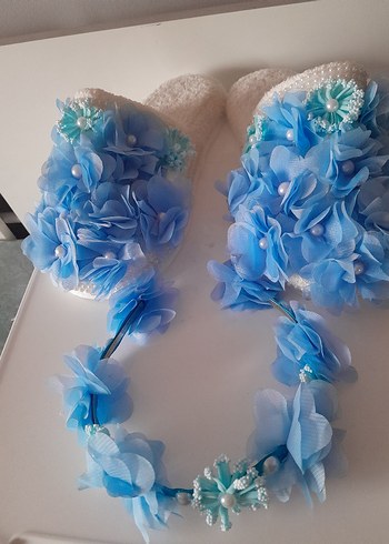 Mavi Boncuklu Çiçekli Lohusa Terlik ve Taç Seti - Görsel 4