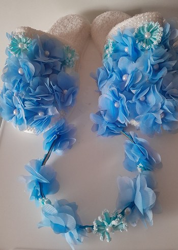 Mavi Boncuklu Çiçekli Lohusa Terlik ve Taç Seti - Görsel 3