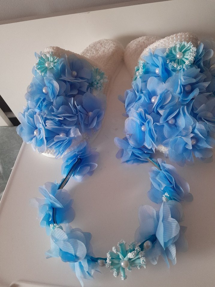 Mavi Boncuklu Çiçekli Lohusa Terlik ve Taç Seti - Görsel 4