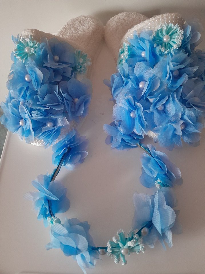 Mavi Boncuklu Çiçekli Lohusa Terlik ve Taç Seti - Görsel 3