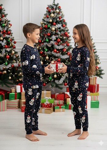 Yılbaşı Temalı Lacivert Unisex Çocuk Pijama Takımı 4-5 yaş - Görsel 2