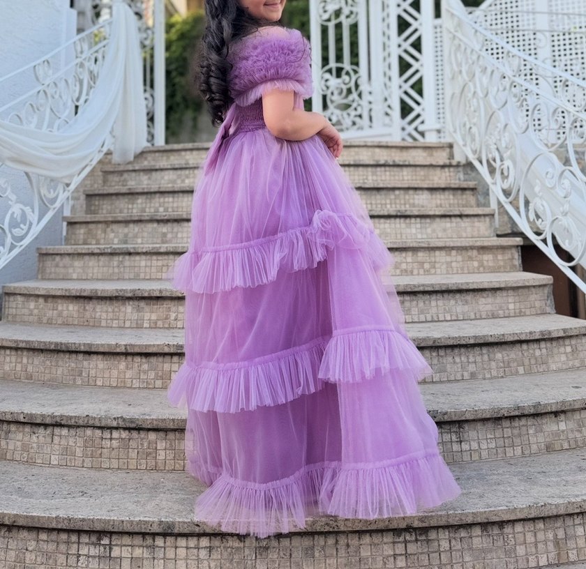 Bohem Tarzda Mor Fırfırlı Kız Çocuk Abiye Elbisesi - Görsel 2