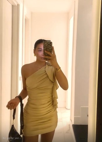 Diğer Gold Drapeli Straplez Mini Abiye Elbise