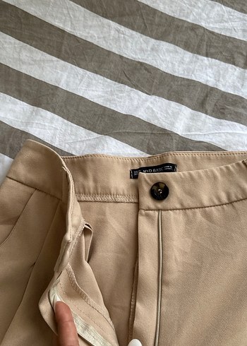 Diğer Bej Pilili Keten Midi Kumaş Pantolon