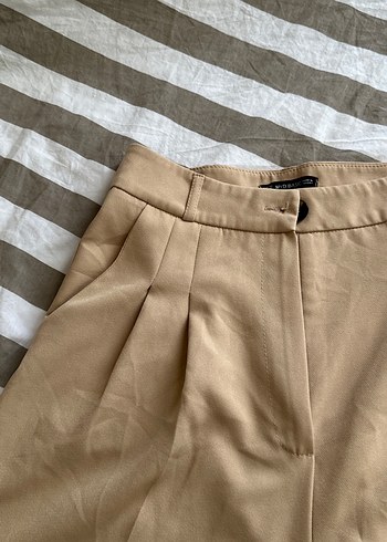 m Beden Bej Pilili Keten Midi Kumaş Pantolon