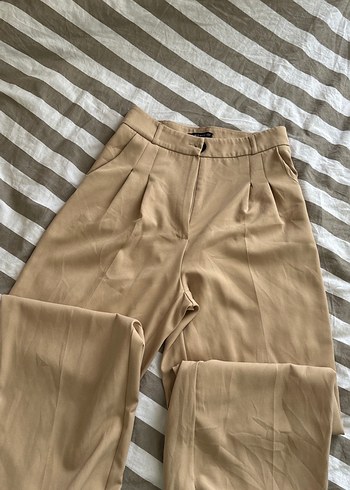 Bej Pilili Keten Midi Kumaş Pantolon