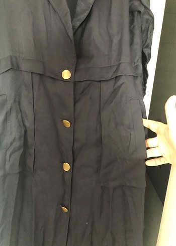 Siyah Uzun Keten Kadın Trençkot - Görsel 2