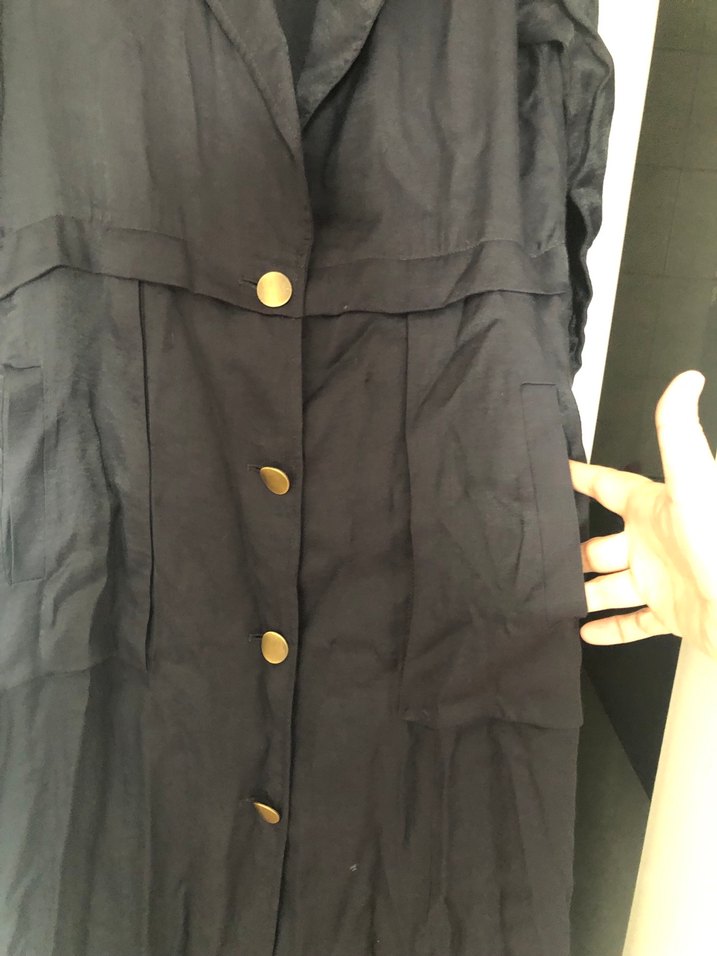 Siyah Uzun Keten Kadın Trençkot - Görsel 2