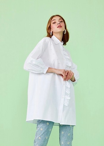 Beyaz incili gömlek - Görsel 5