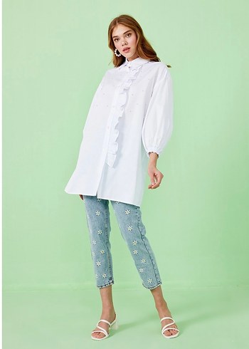 Beyaz incili gömlek - Görsel 2