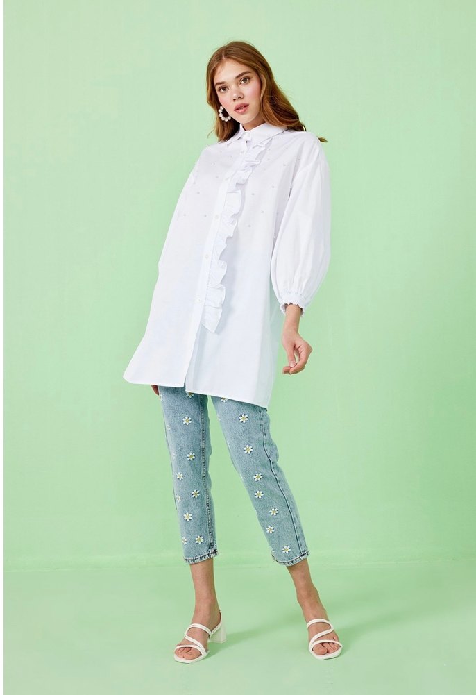 Beyaz incili gömlek - Görsel 2