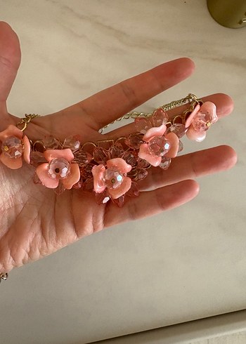 American Vintage Romantik Pembe Cicekli Seffaf Boncuklu Vintage Kolye