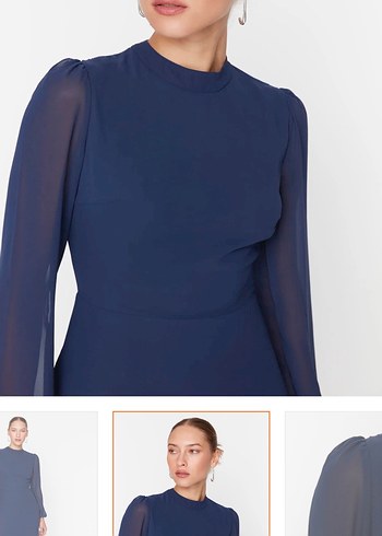 indigo a kesim dik yakali midi astarli sifon elbise - Görsel 3