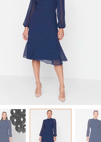 indigo a kesim dik yakali midi astarli sifon elbise - Görsel 2