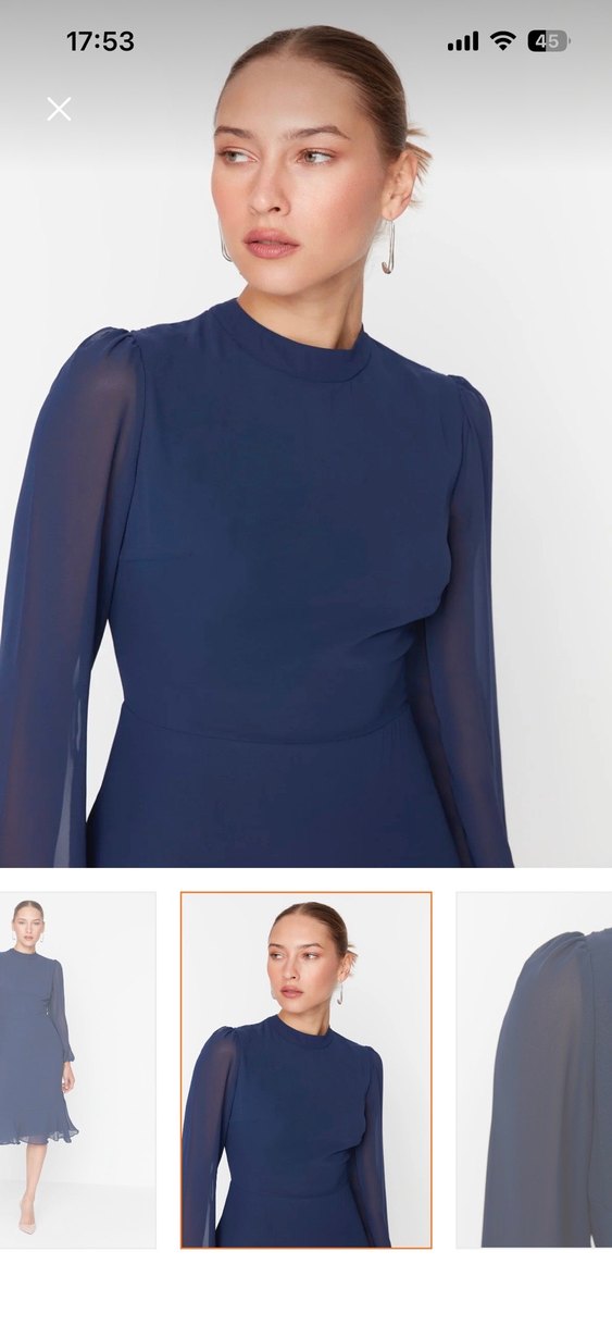 indigo a kesim dik yakali midi astarli sifon elbise - Görsel 3