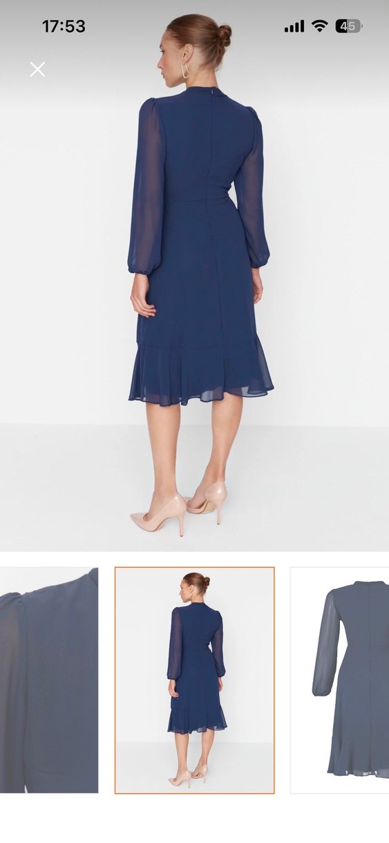 indigo a kesim dik yakali midi astarli sifon elbise - Görsel 4