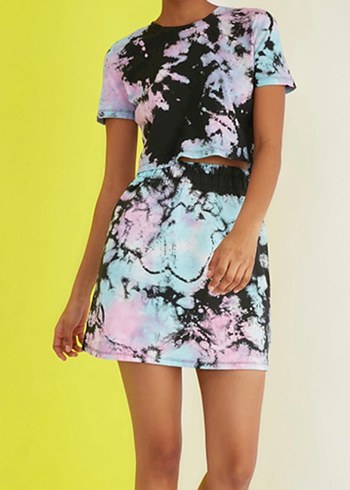 Kadın Çok Renkli Tie-Dye Mini Etek takım