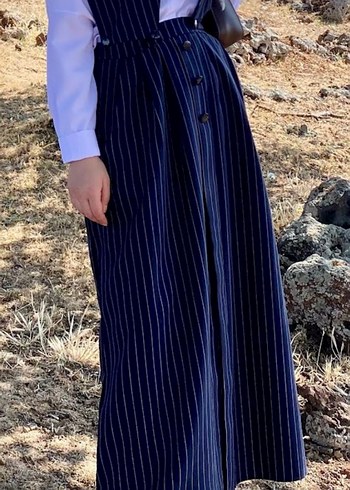 Diğer Lacivert Cizgili Yuksek Bel Maxi Etek