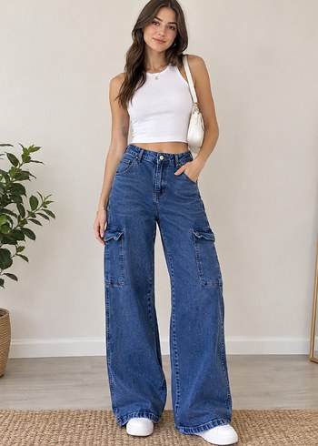 Zara Yuksek Bel Mavi Denim Kargo Pantolon Sifir