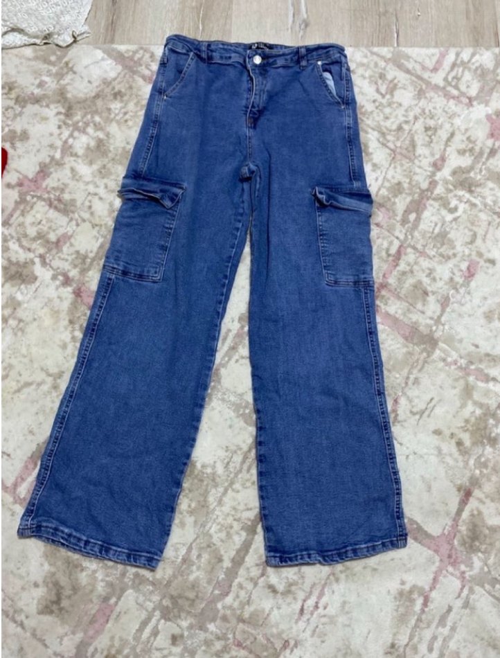 Yüksek Bel Mavi Denim Kargo Pantolon  sıfır — görsel 2/5