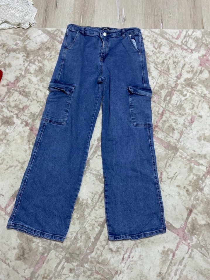 Yüksek Bel Mavi Denim Kargo Pantolon  sıfır — görsel 4/5