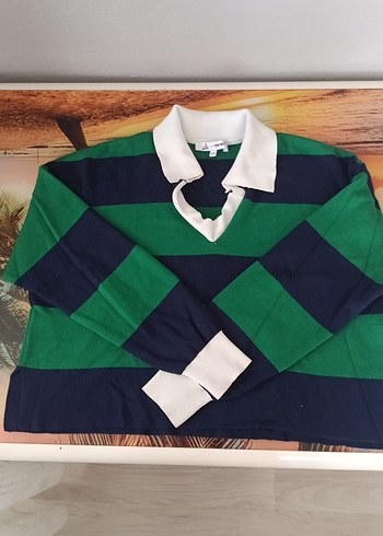 Koton Retro Lacivert Yesil Cizgili Polo Kazak