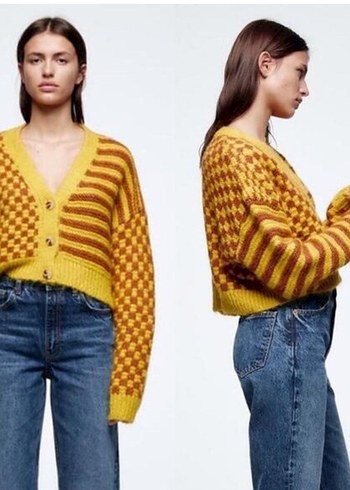 Zara Sarı Kareli Örgü Kadın Hırka
