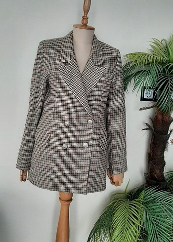 Ekose Desenli Düğmeli Kadın Blazer Ceket