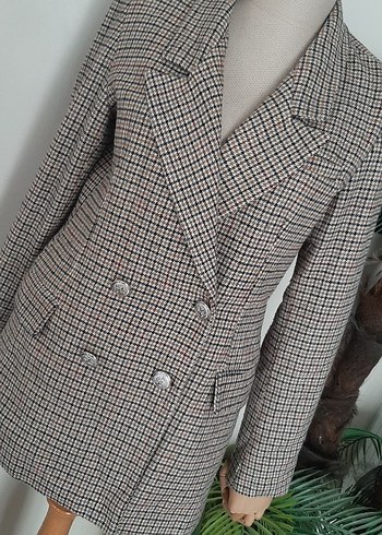 m Beden Ekose Desenli Düğmeli Kadın Blazer Ceket