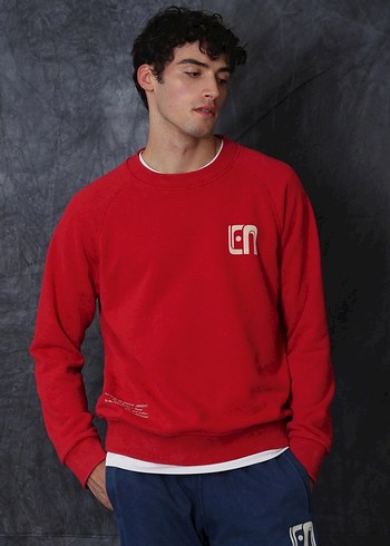 Kırmızı Erkek Sweatshirt, Rahat Kesim, Bisiklet Yaka