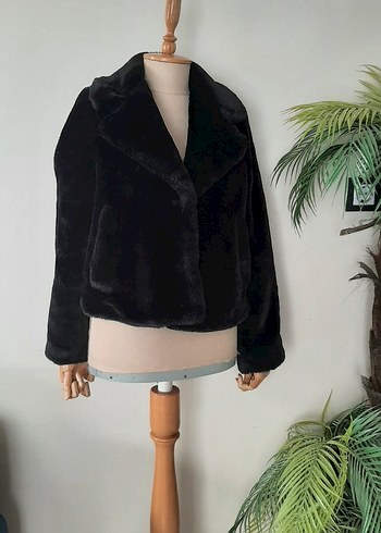 xs Beden Siyah Kadın Peluş Kürk Detaylı Midi Ceket