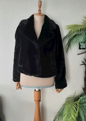 Pull and Bear Siyah Kadın Peluş Kürk Detaylı Midi Ceket