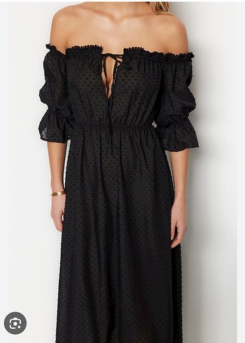 Siyah Puantiyeli Volanlı Uzun Straplez Elbise - Görsel 5