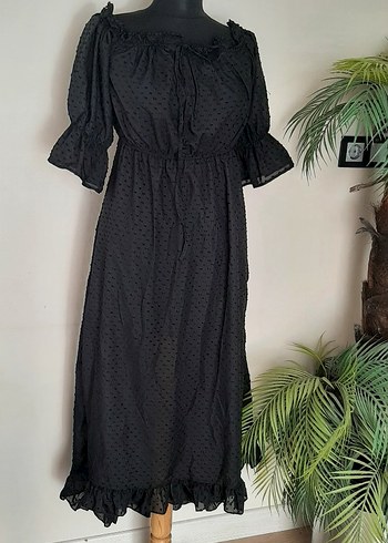 Siyah Puantiyeli Volanlı Uzun Straplez Elbise - Görsel 12