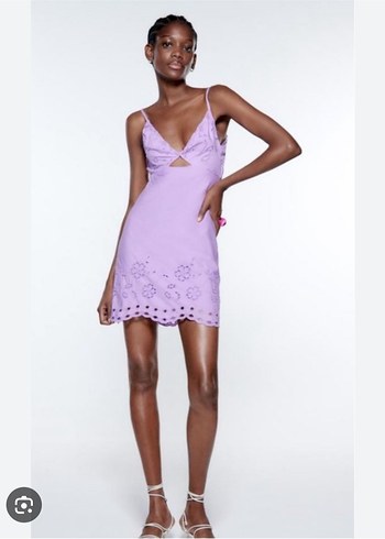 xs Beden Zara Lila Dantelli Mini Elbise