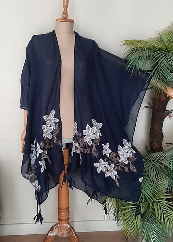 Nakışlı Lacivert Uzun Bohem Kimono