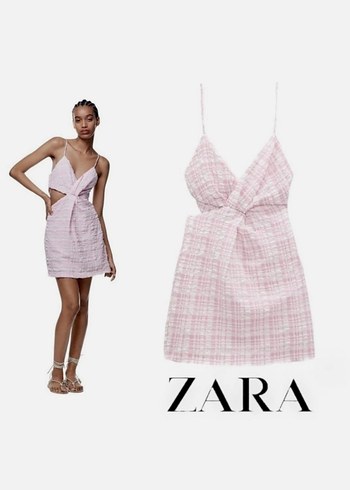 Zara İnce Askılı Pudra Mini Keten Elbise
