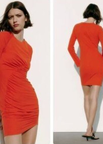 Kırmızı V Yaka Drapeli Midi Elbise - Görsel 2