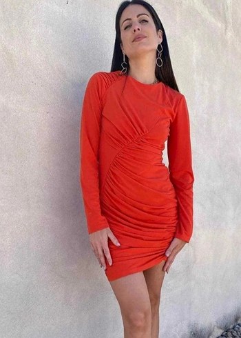 Kırmızı V Yaka Drapeli Midi Elbise - Görsel 5