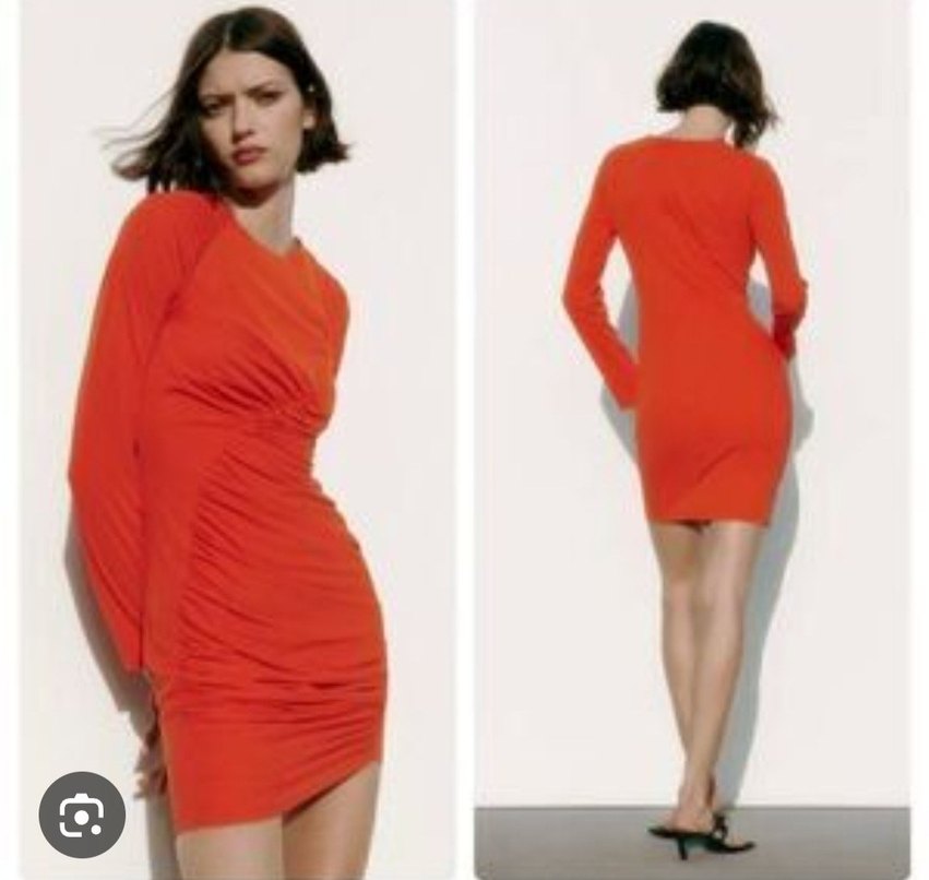 Kırmızı V Yaka Drapeli Midi Elbise - Görsel 2