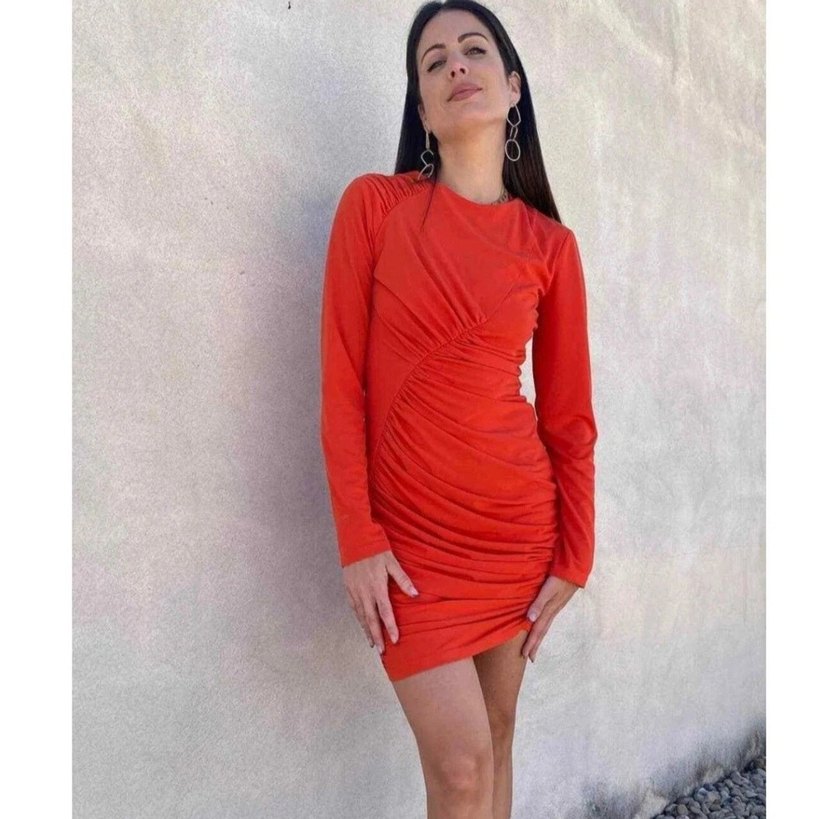 Kırmızı V Yaka Drapeli Midi Elbise - Görsel 5