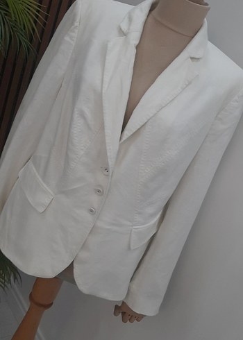 Düğmeli Beyaz Keten Kadın Blazer Ceket - Görsel 4