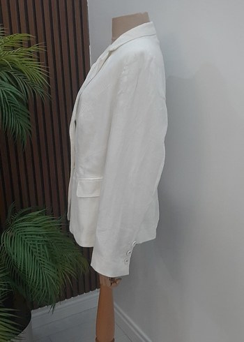 Düğmeli Beyaz Keten Kadın Blazer Ceket - Görsel 5