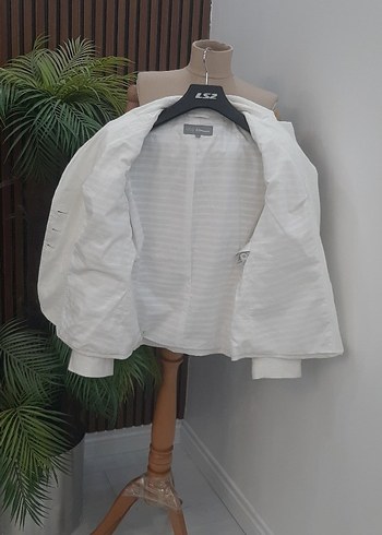 Düğmeli Beyaz Keten Kadın Blazer Ceket - Görsel 8