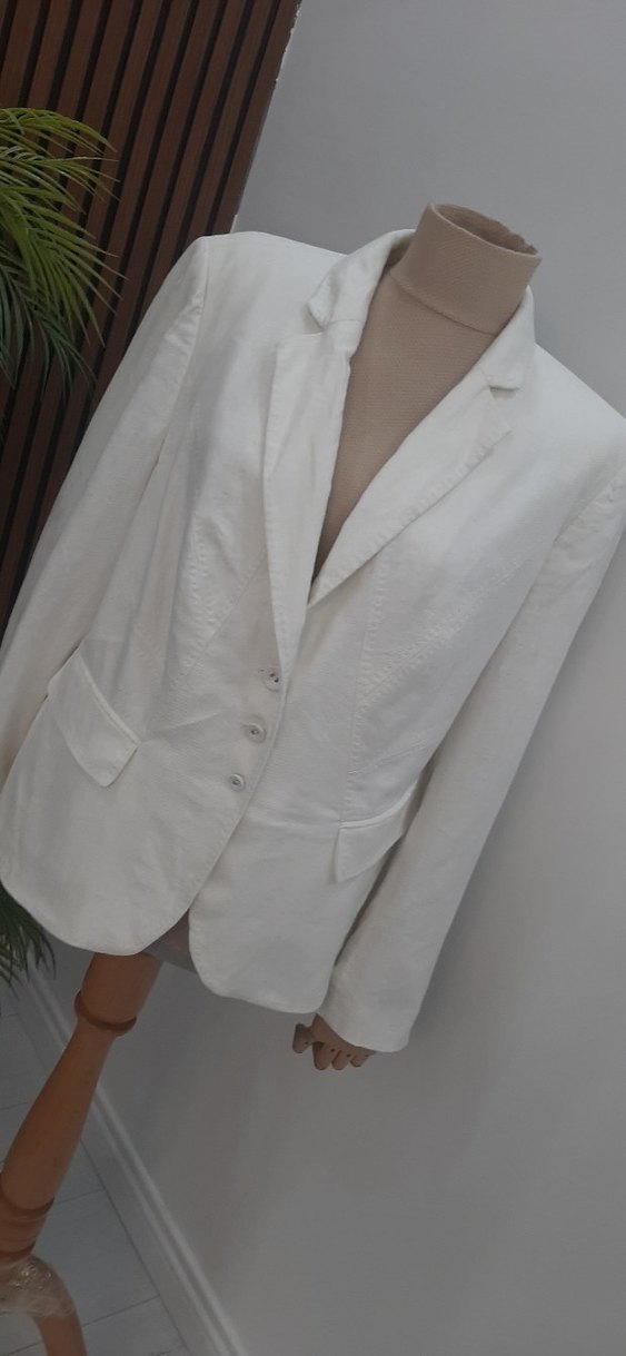 Düğmeli Beyaz Keten Kadın Blazer Ceket - Görsel 4