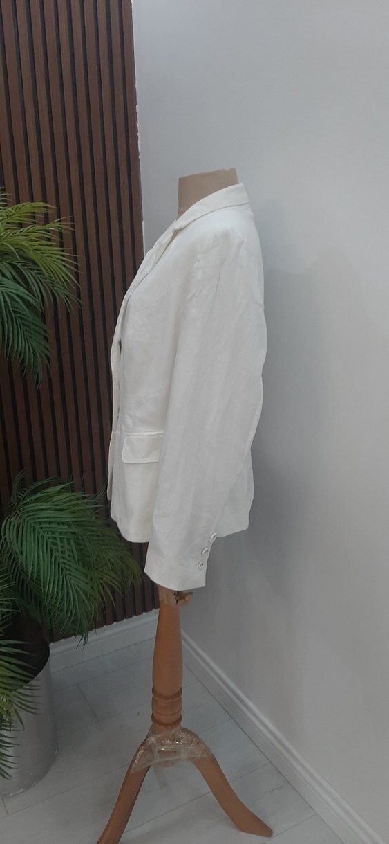 Düğmeli Beyaz Keten Kadın Blazer Ceket - Görsel 5