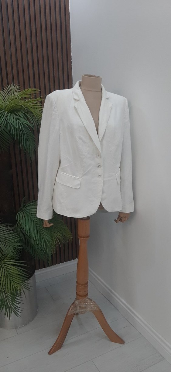 Düğmeli Beyaz Keten Kadın Blazer Ceket - Görsel 2