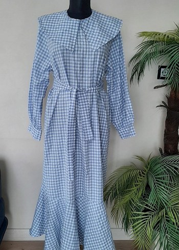 Kadın Mavi Ekose Pamuklu Uzun Elbise