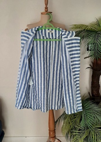 42 Beden mavi Renk Mavi Çizgili Keten Bohem Kadın Blazer