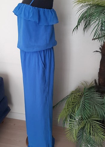 m Beden mavi Renk Mavi Kadın Uzun Tulum, Fırfırlı, Askılı